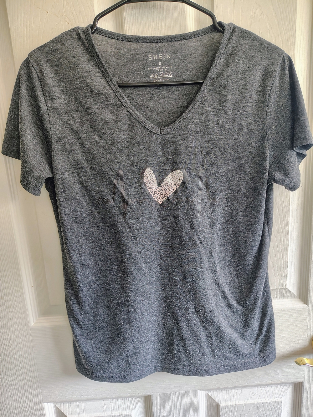 SHEIN Dark Gray V-Neck Tee with Leopard Heart